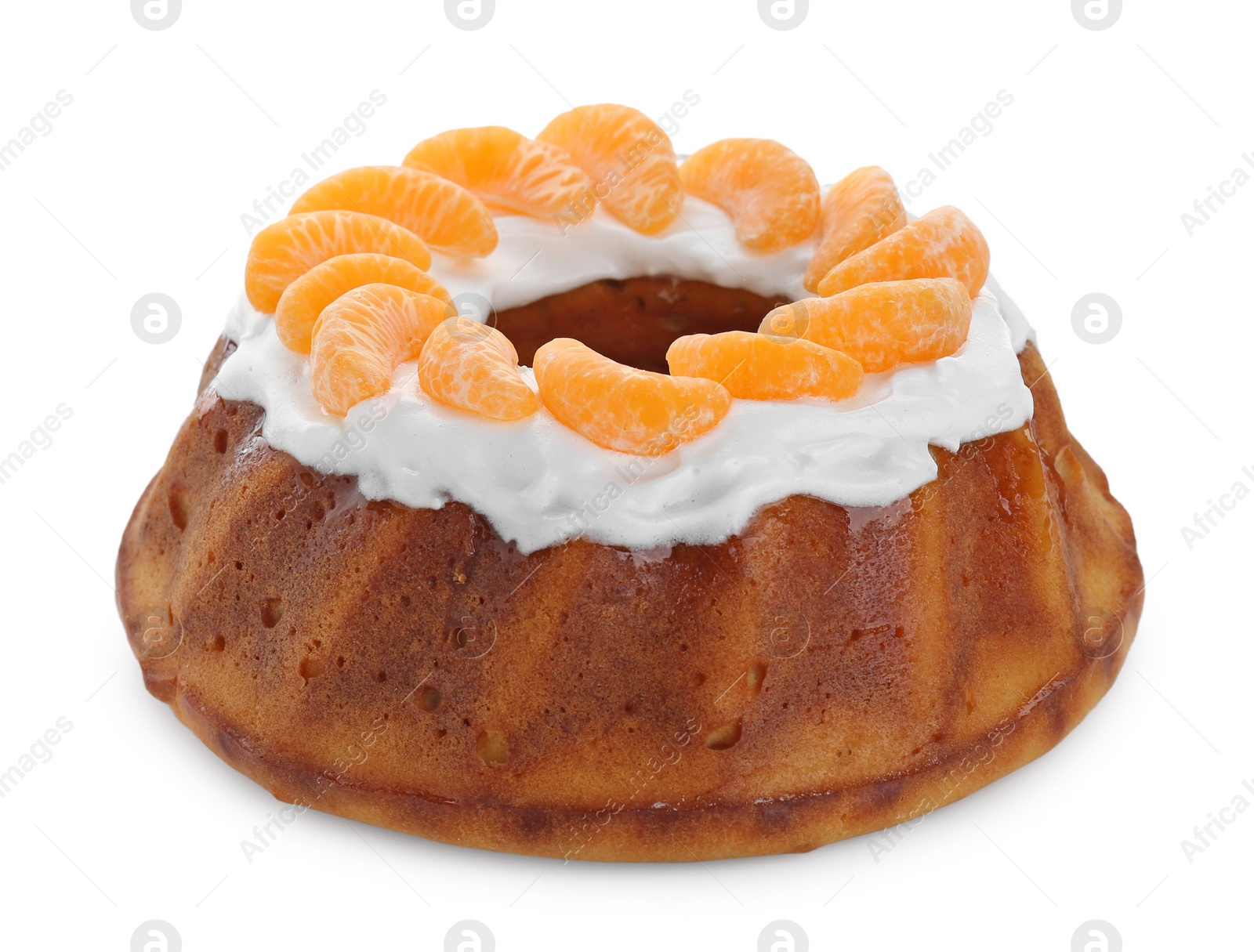 Photo of Homemade yogurt cake with tangerines and cream on white background