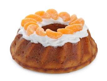 Photo of Homemade yogurt cake with tangerines and cream on white background