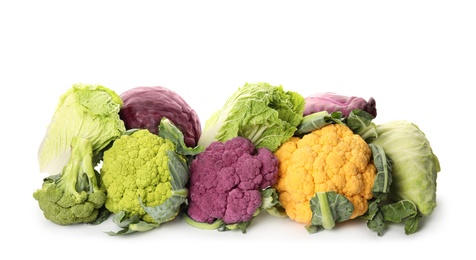 Photo of Different cabbages on white background. Healthy food