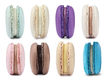 Image of Set with different delicious macarons on white background