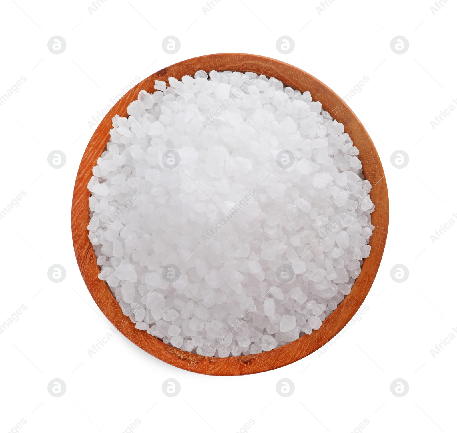 Photo of Wooden bowl with natural sea salt isolated on white, top view