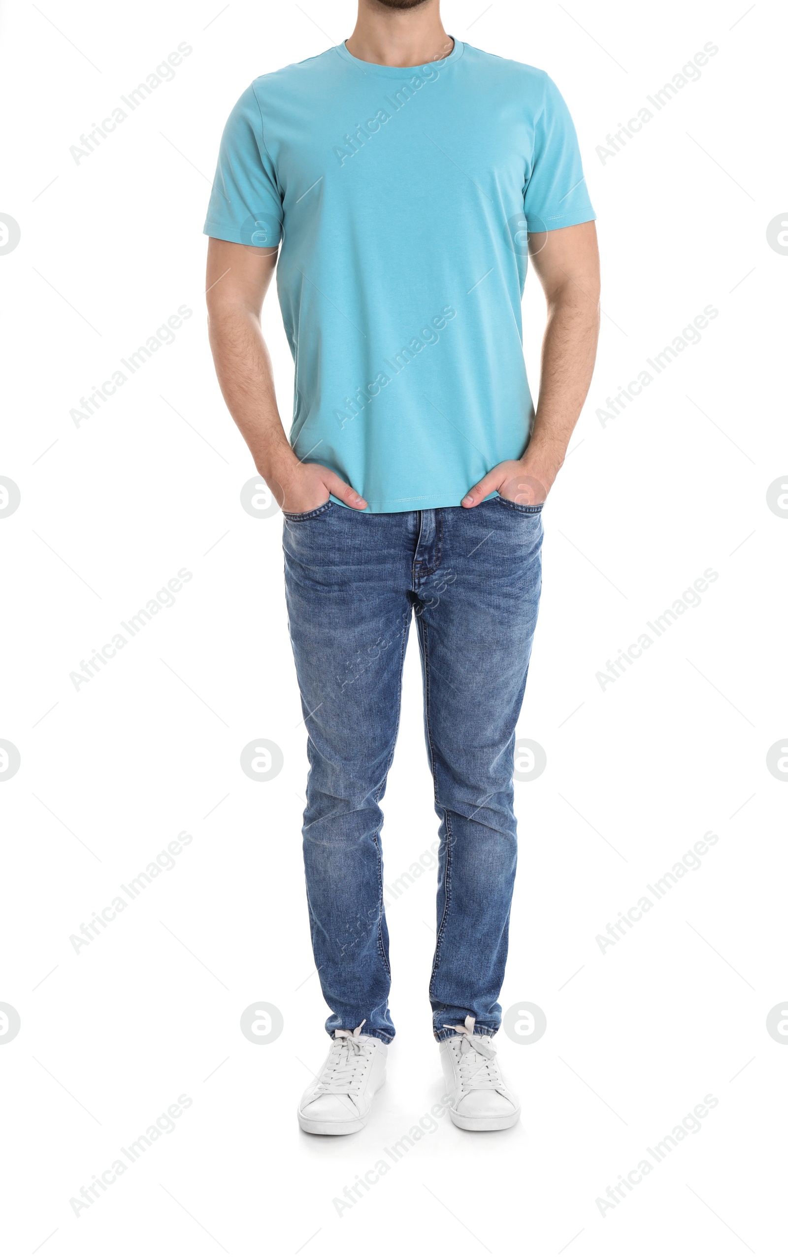 Photo of Young man on white background, closeup. Weight loss