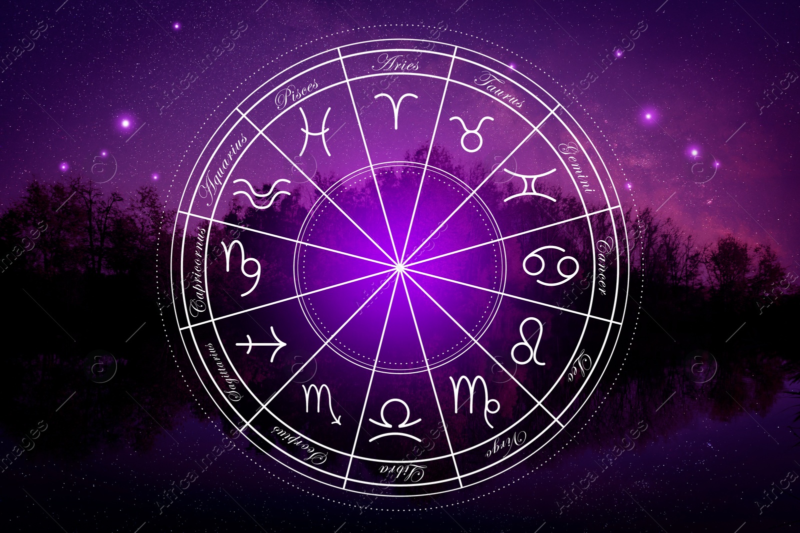 Image of Zodiac wheel showing 12 signs against night landscape