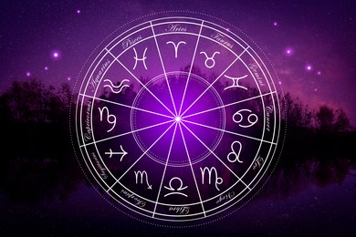 Zodiac wheel showing 12 signs against night landscape