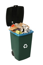 Trash bin with garbage on white background. Waste recycling