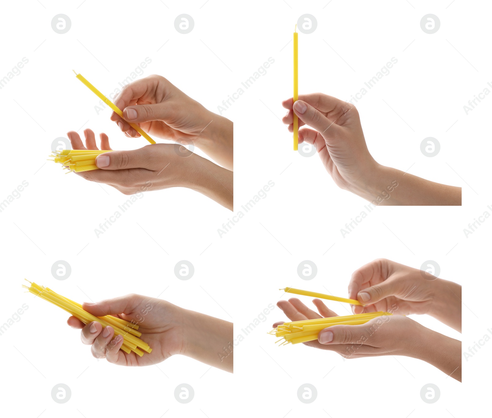 Image of Collage with photos of woman holding church candles on white background, closeup