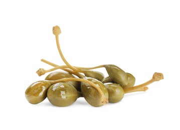 Photo of Pile of delicious pickled capers on white background