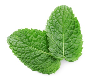 Photo of Fresh green mint leaves isolated on white, top view