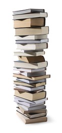 Photo of High stack of many different books isolated on white