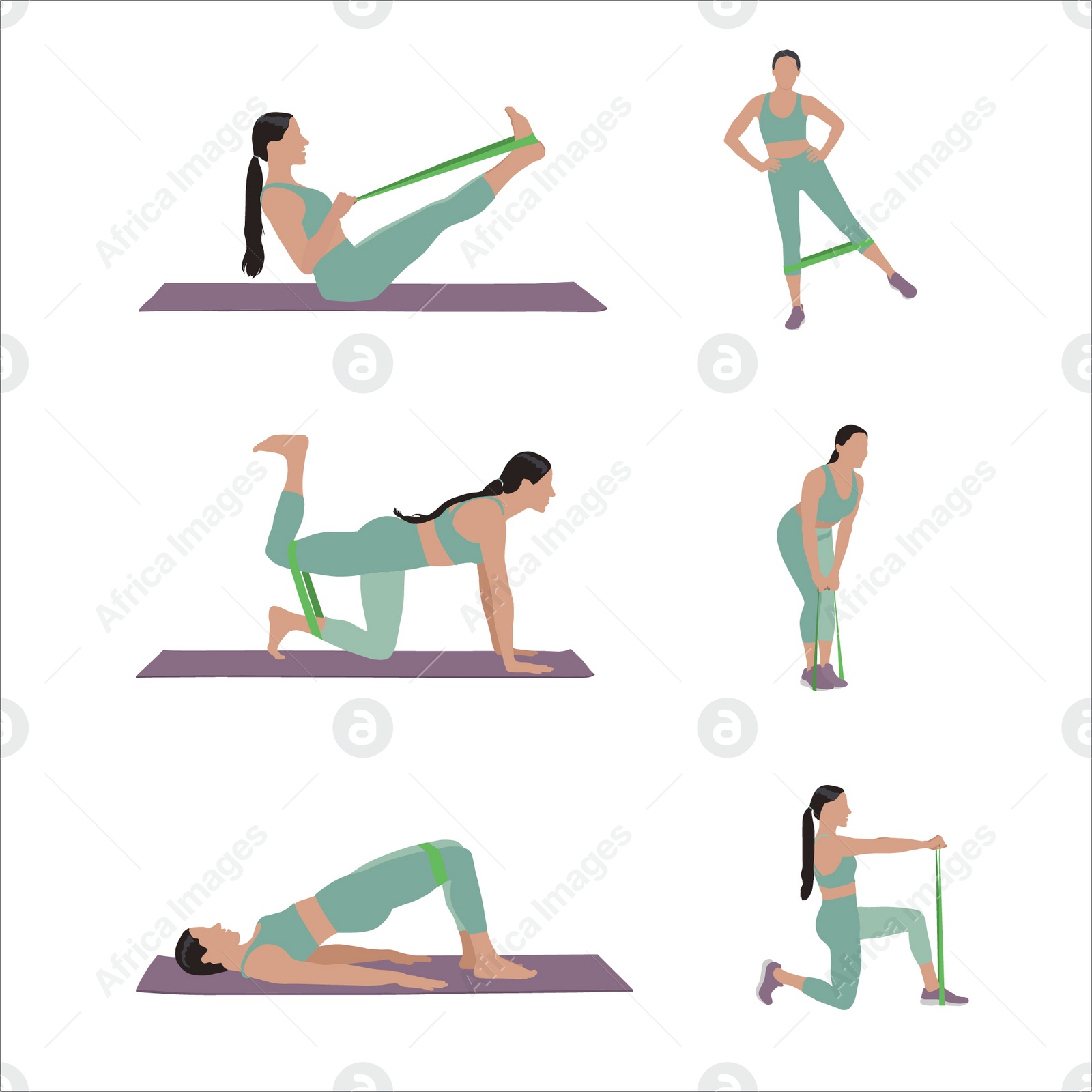 Illustration of Woman doing exercises with fitness elastic band on white background, collage