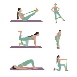 Illustration of Woman doing exercises with fitness elastic band on white background, collage