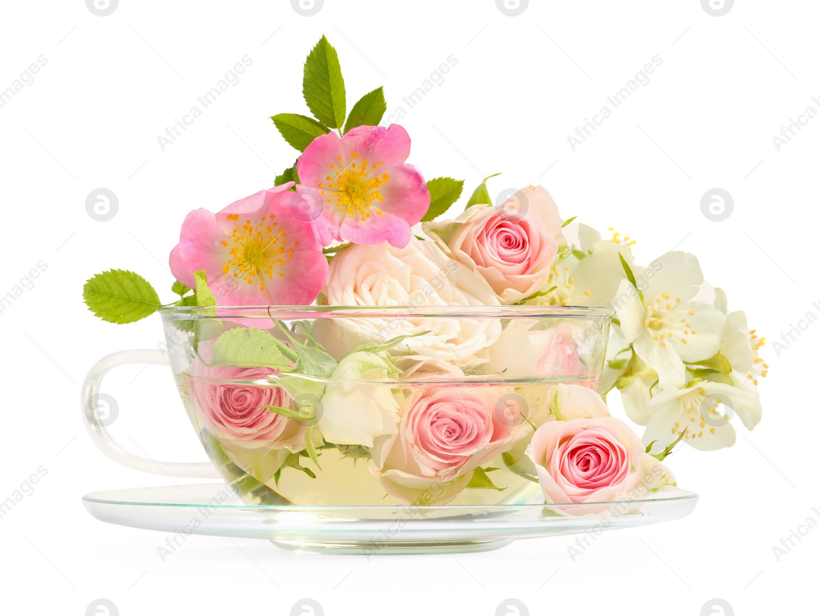 Photo of Aromatic herbal tea in glass cup with different flowers isolated on white