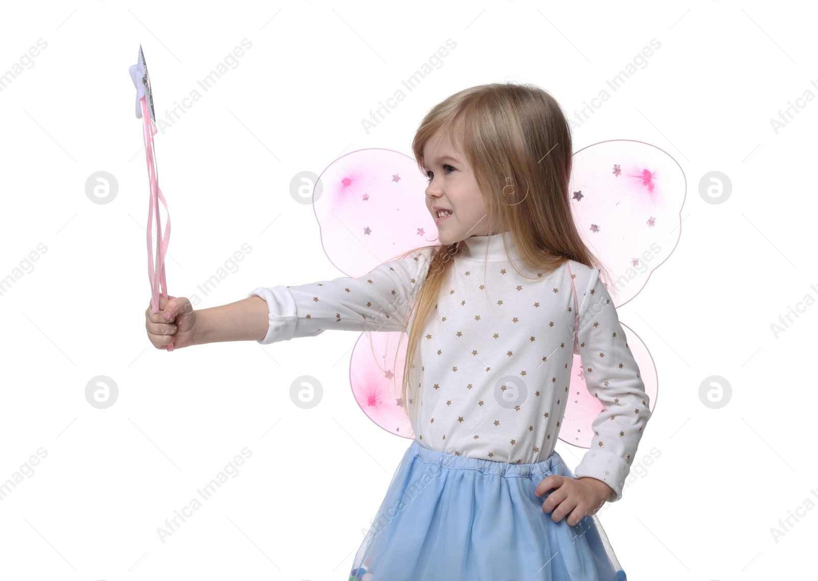 Photo of Cute little girl in fairy costume with pink wings and magic wand on white background