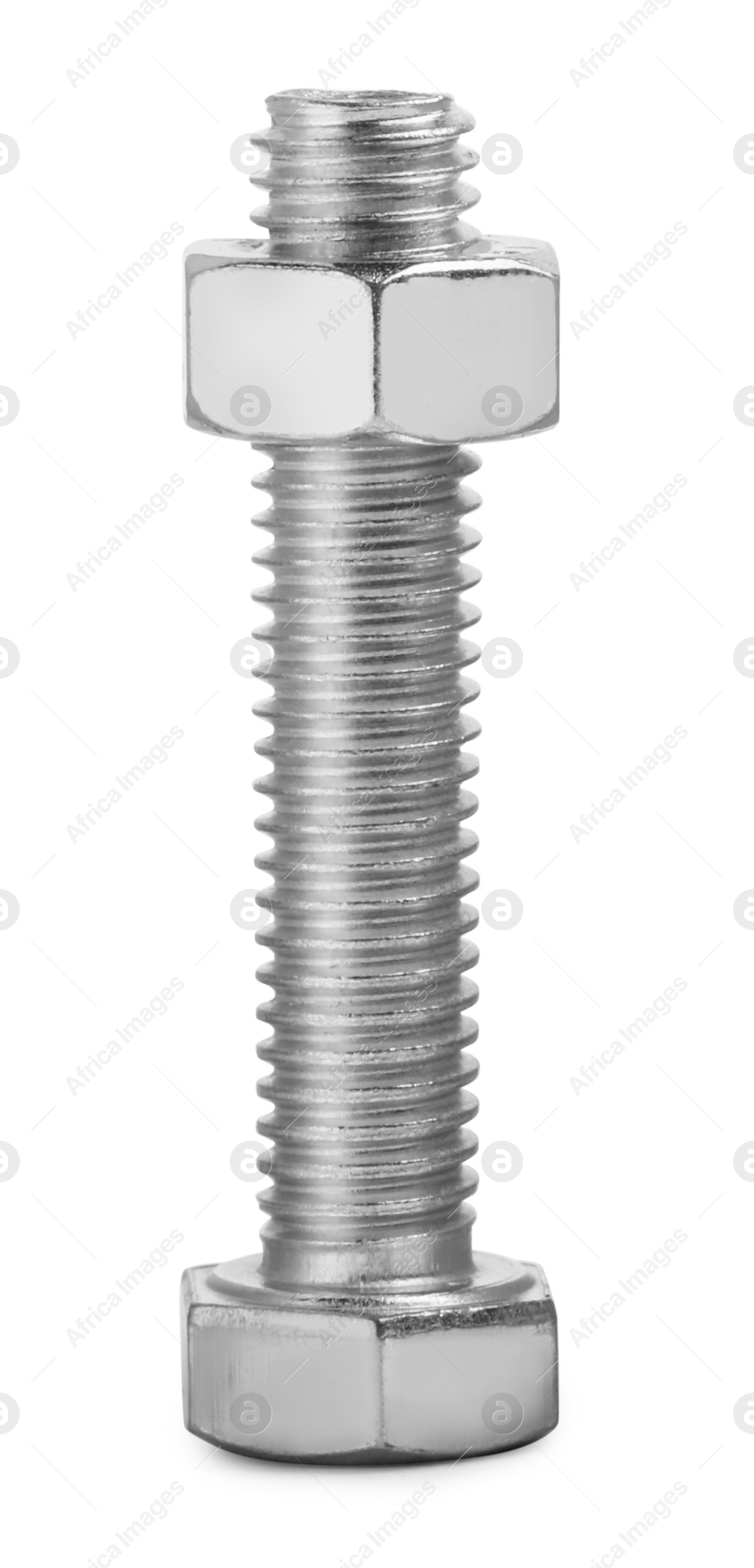 Photo of Metal hex bolt with nut isolated on white