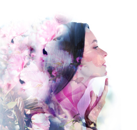 Image of Double exposure of beautiful woman and blooming flowers