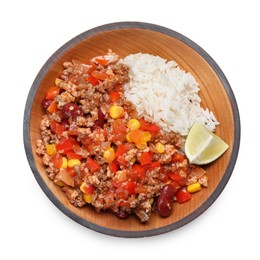 Photo of Plate of rice with chili con carne on white background, top view