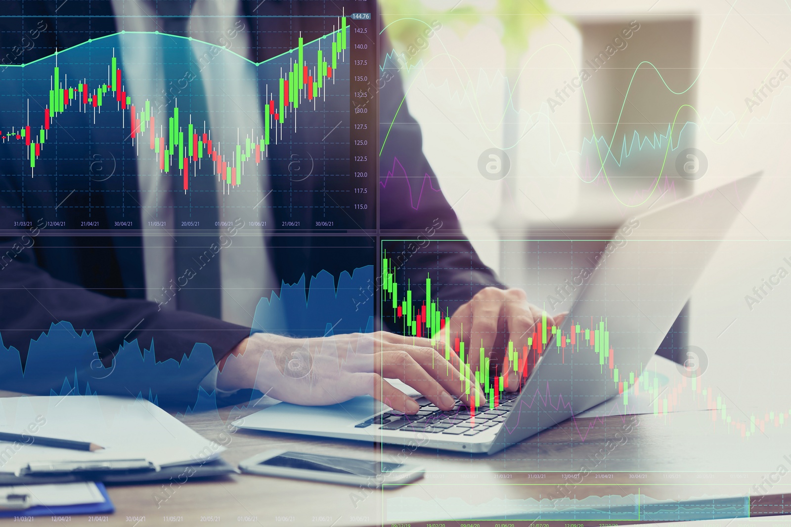 Image of Stock exchange. Man using laptop at table and illustration of rating graph