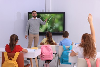 Photo of Teacher giving lesson to pupils near interactive board in classroom