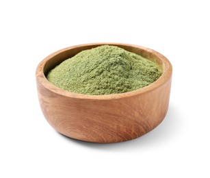 Photo of Wheat grass powder in bowl isolated on white