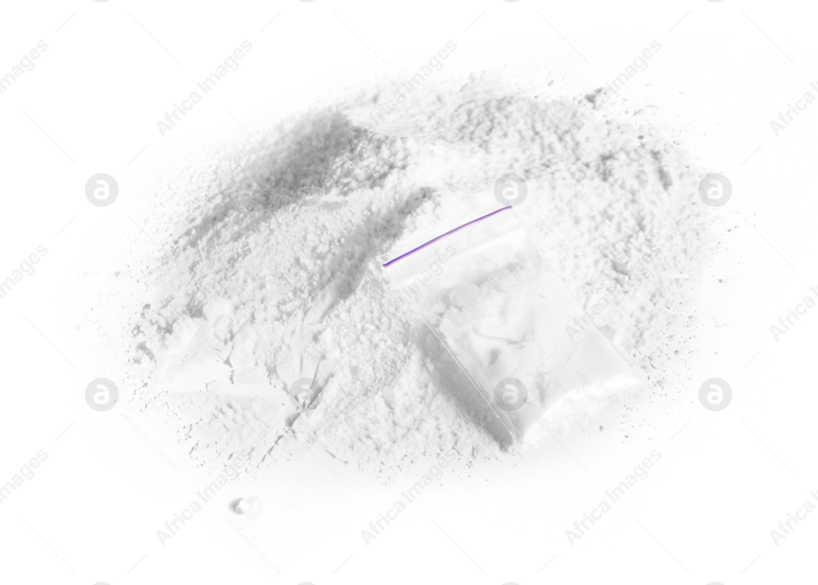 Photo of Pile of cocaine powder and bag on white background