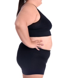 Overweight woman before weight loss on white background