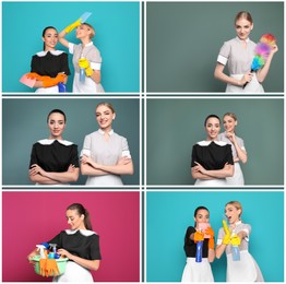 Image of Collage with portraits of chambermaids on different color backgrounds