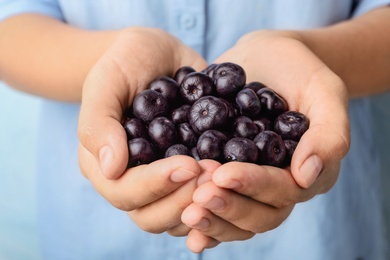 Photo of Female holding fresh acai berries, closeup view