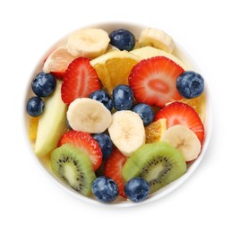 Photo of Tasty fruit salad in bowl isolated on white, top view