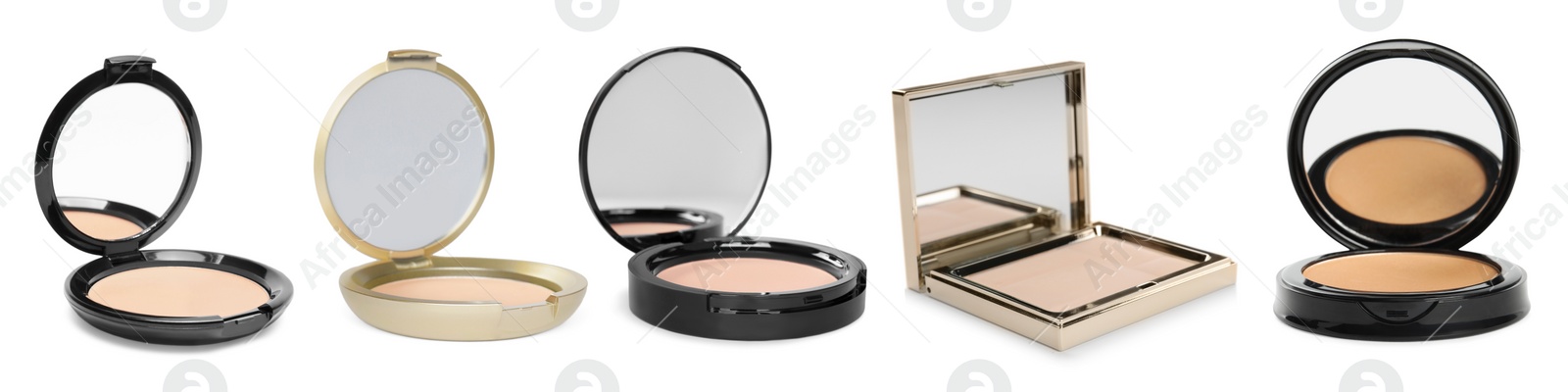 Image of Different face powders isolated on white. Collection of makeup products