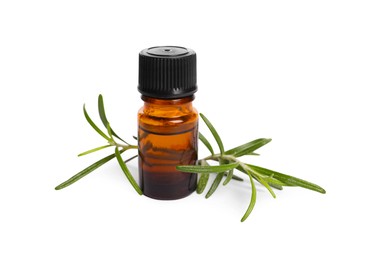 Photo of Sprigs of fresh rosemary and essential oil on white background