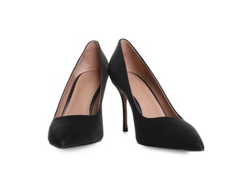 Pair of elegant black high heel shoes on white background