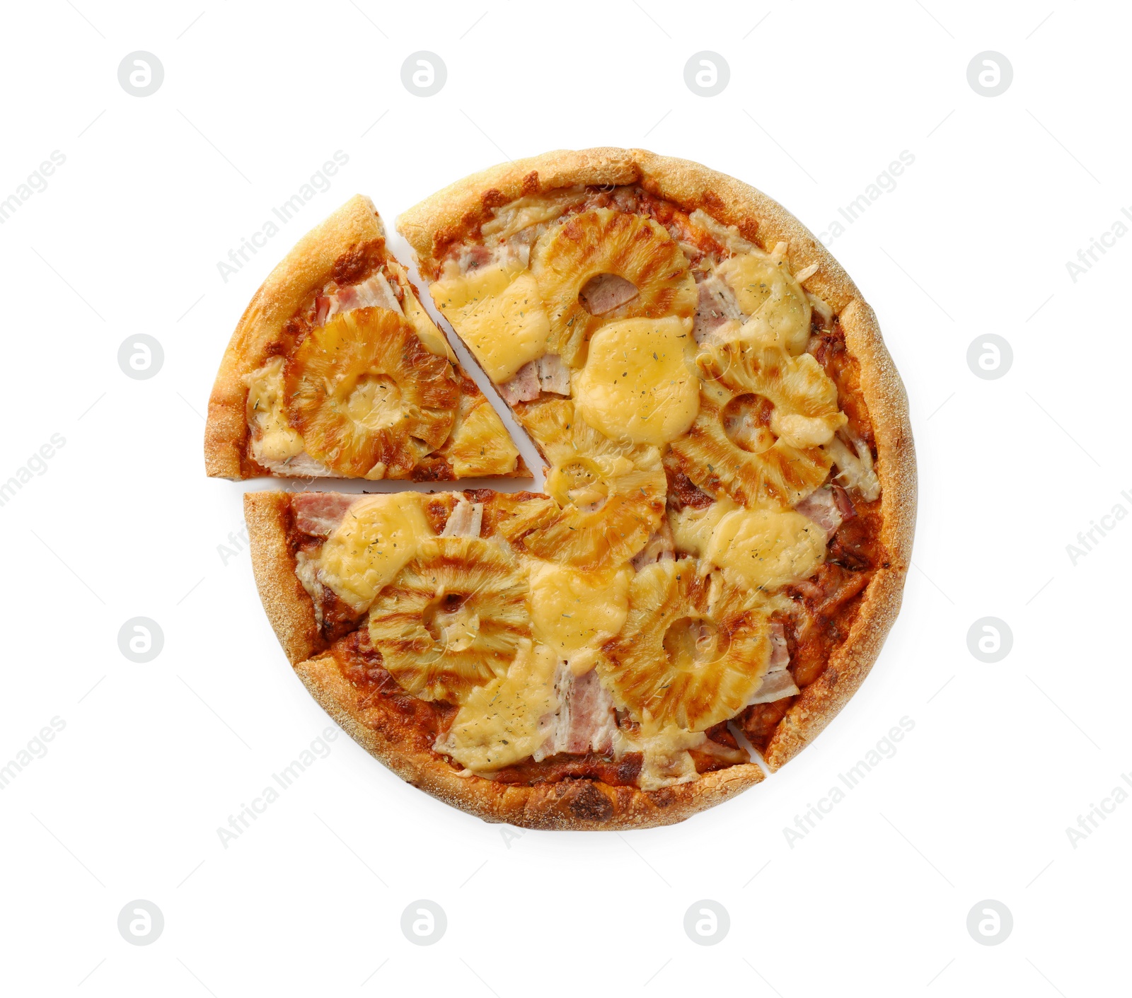 Photo of Delicious cut pineapple pizza isolated on white, top view