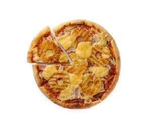 Photo of Delicious cut pineapple pizza isolated on white, top view
