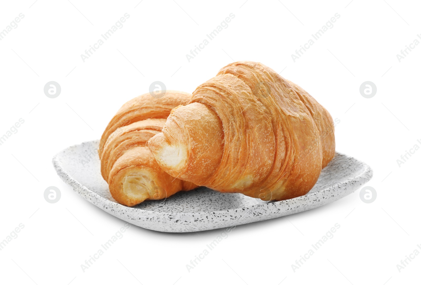 Photo of Plate with tasty croissants on white background