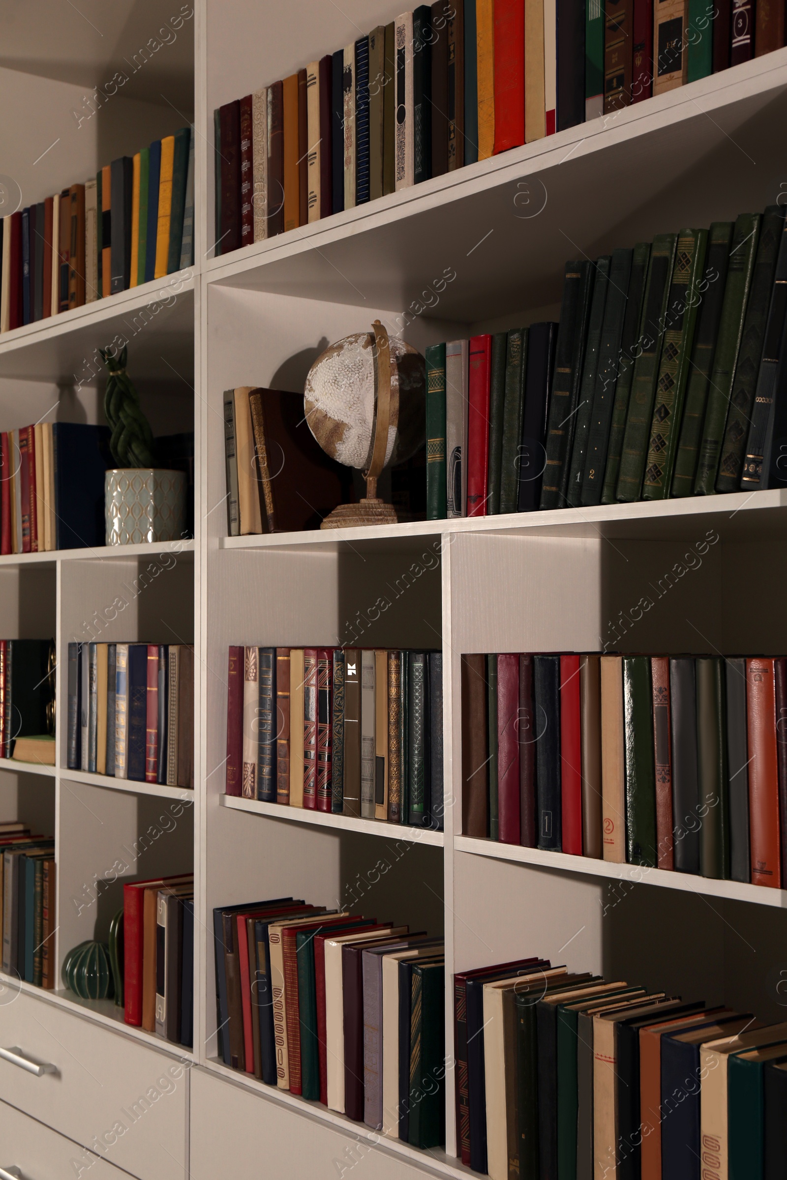 Photo of Shelving unit with collection of books and globe. Home library