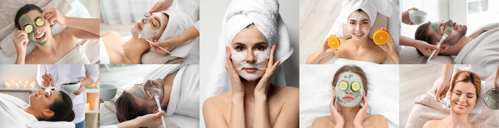 Image of Collage with photos of people with cleansing and moisturizing masks on faces. Banner design
