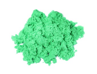 Pile of green kinetic sand on white background, top view