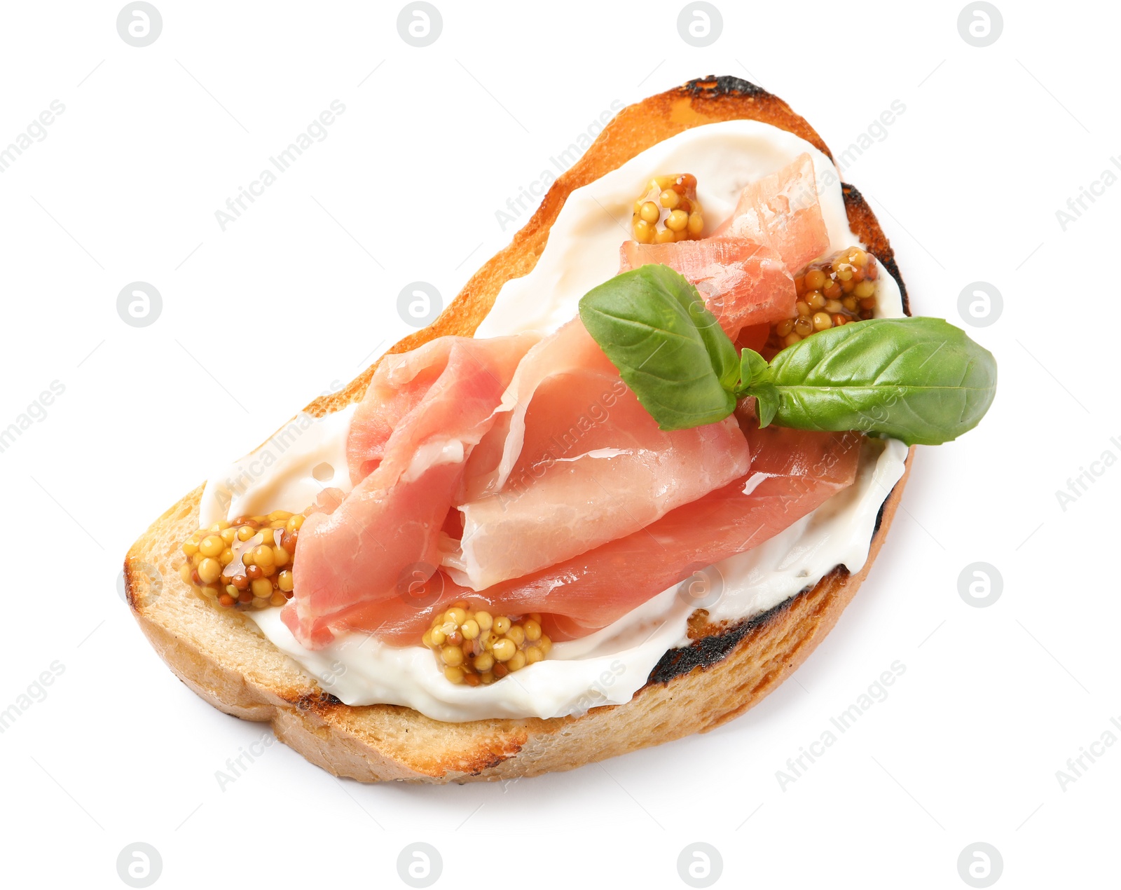 Photo of Tasty bruschetta with prosciutto and mustard on white background, top view