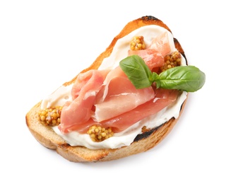 Tasty bruschetta with prosciutto and mustard on white background, top view