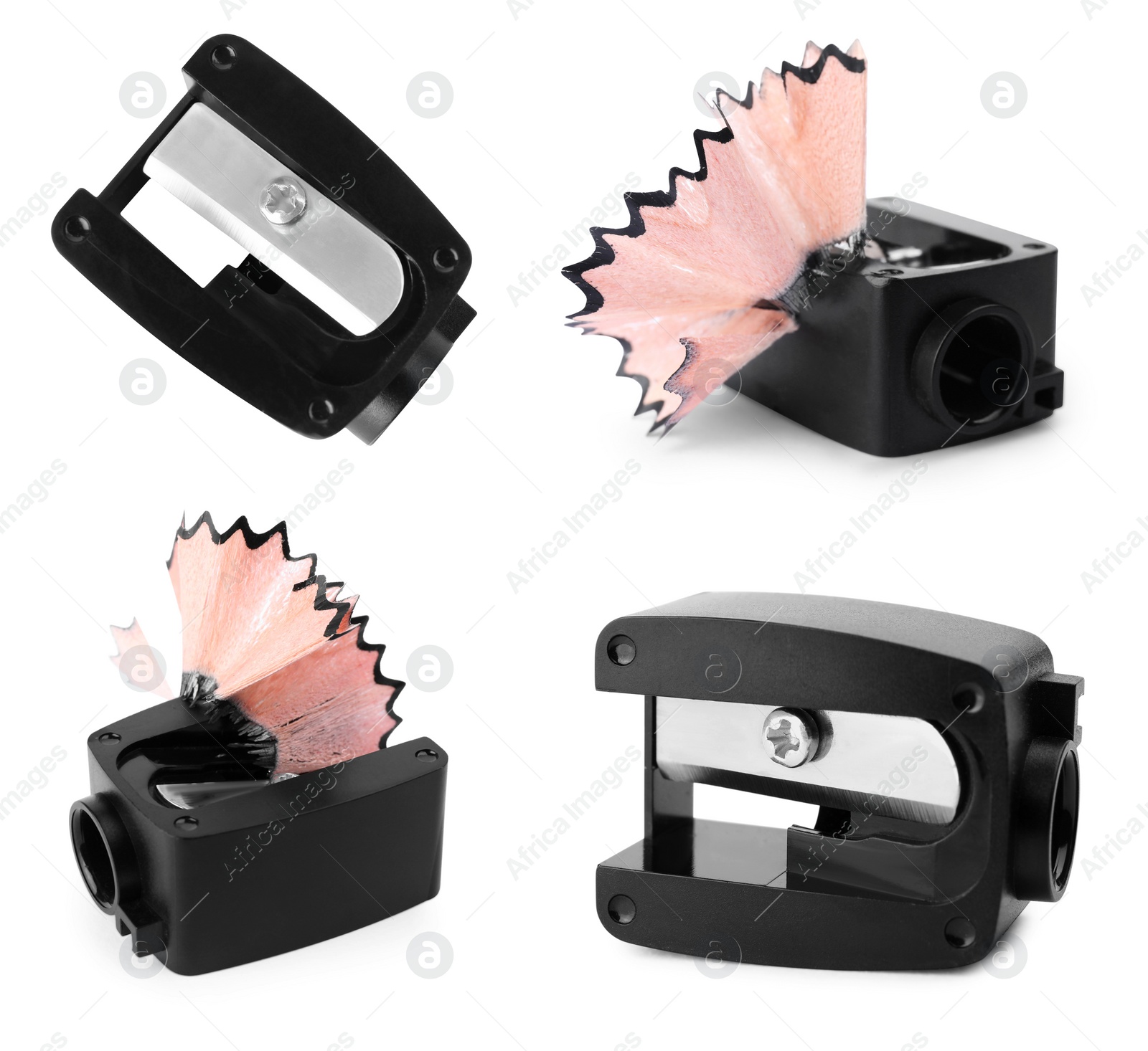 Image of Set with black pencil sharpeners on white background