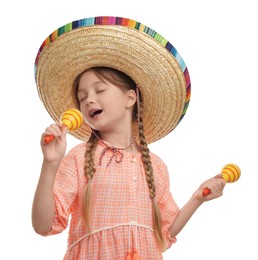 Cute girl in Mexican sombrero hat singing with maracas on white background