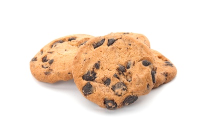 Photo of Tasty chocolate chip cookies on white background