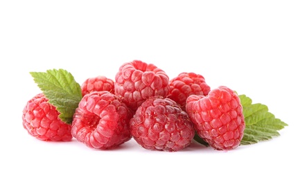 Photo of Delicious fresh ripe raspberries on white background