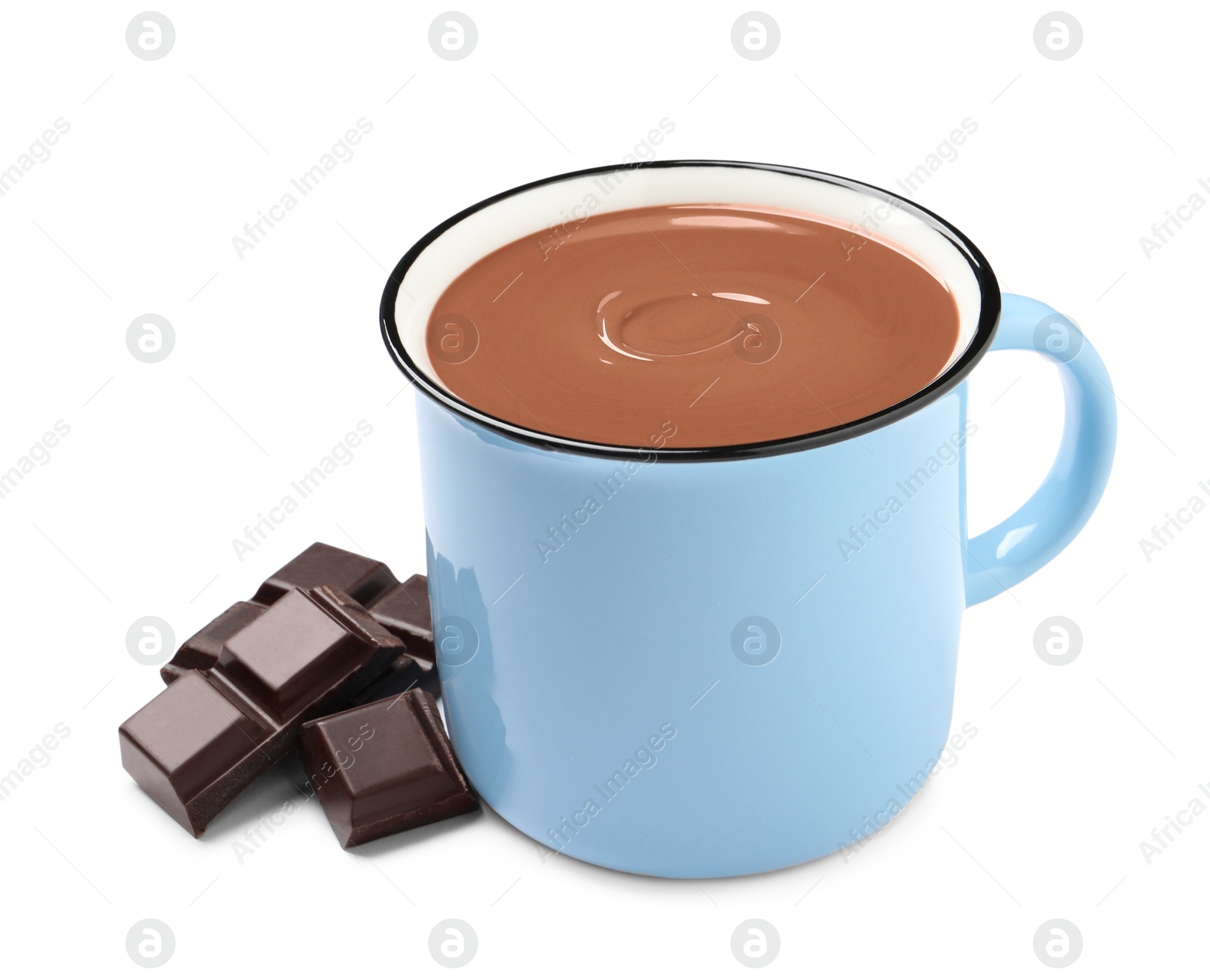 Photo of Yummy hot chocolate in light blue mug on white background