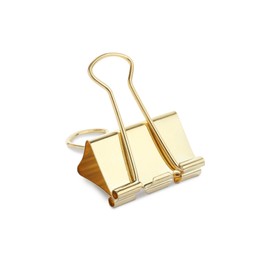 Photo of Golden binder clip isolated on white. Stationery item