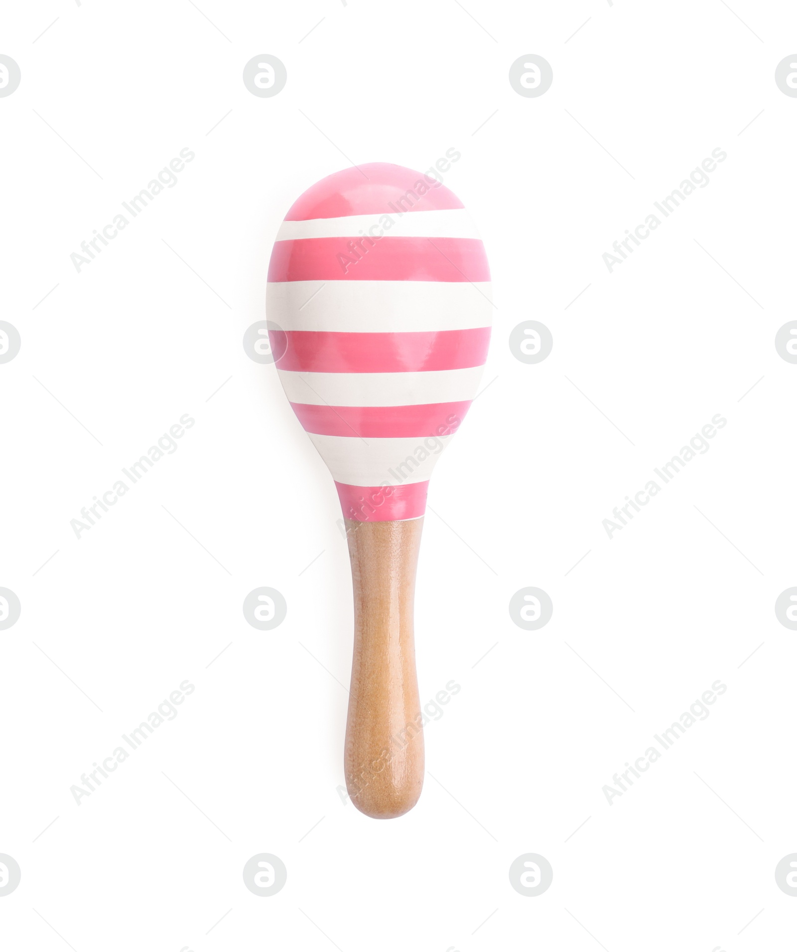 Photo of Wooden toy maraca on white background, top view