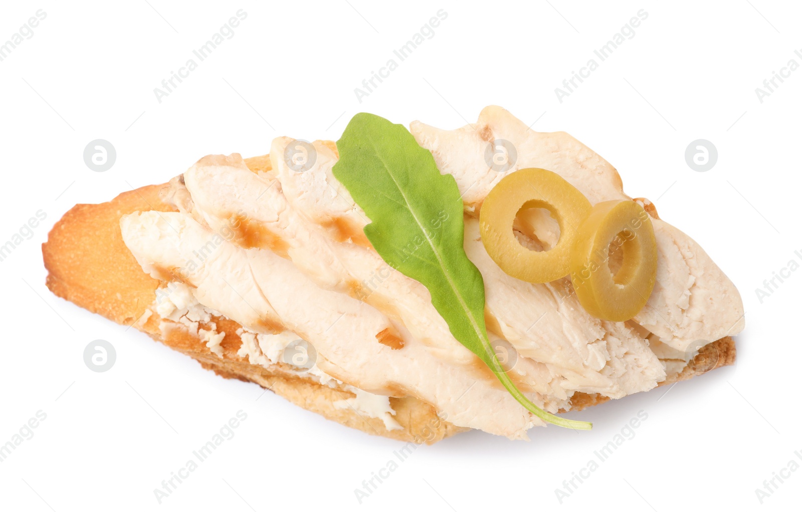 Photo of Delicious chicken bruschetta on white background, top view