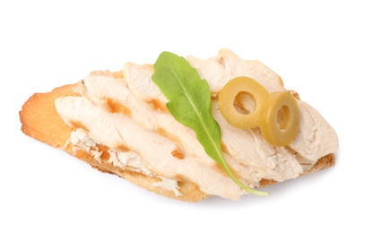 Photo of Delicious chicken bruschetta on white background, top view