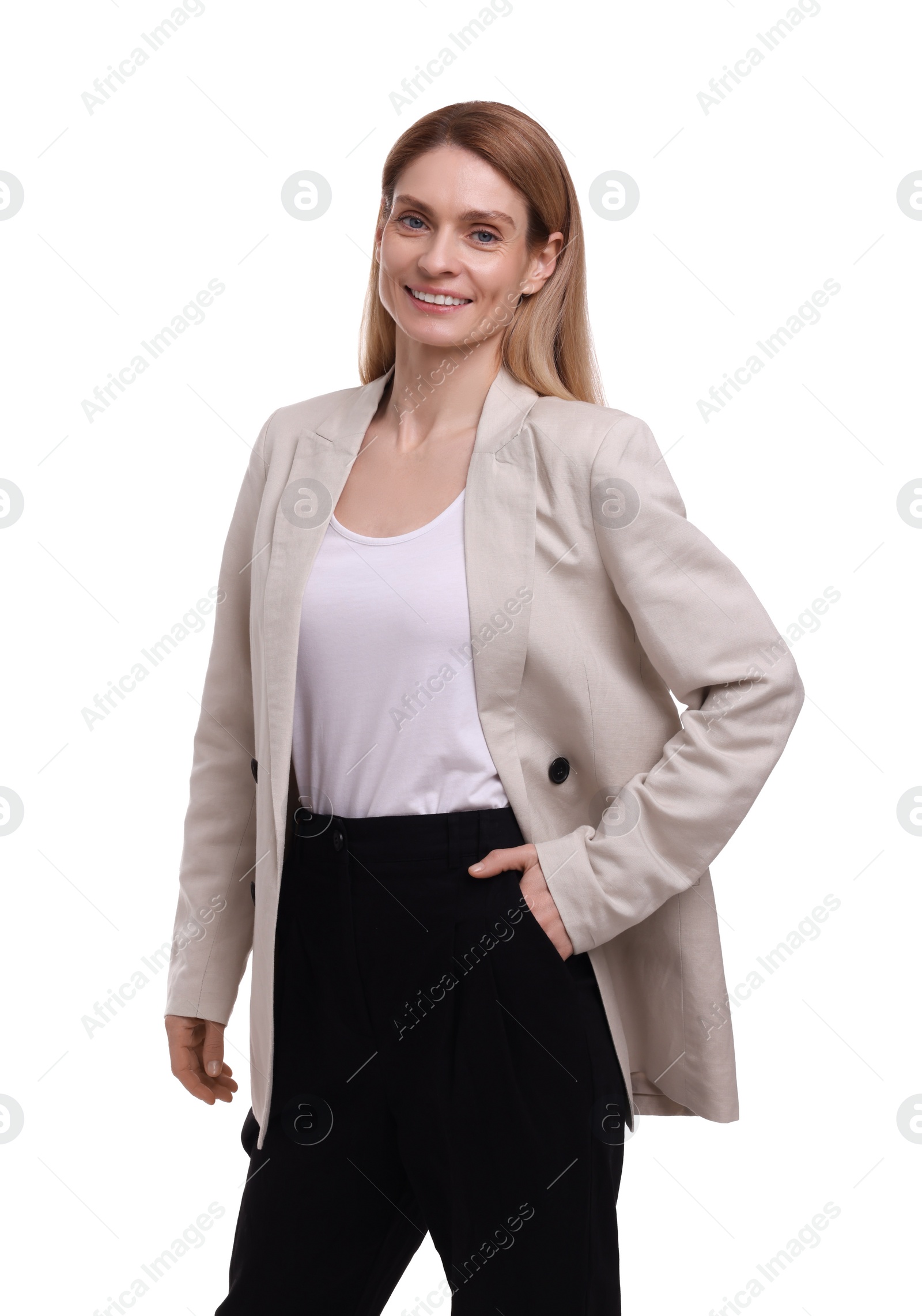 Photo of Portrait of beautiful happy businesswoman on white background