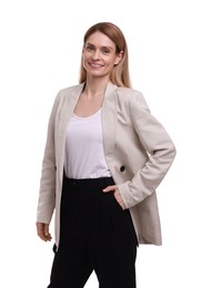 Photo of Portrait of beautiful happy businesswoman on white background